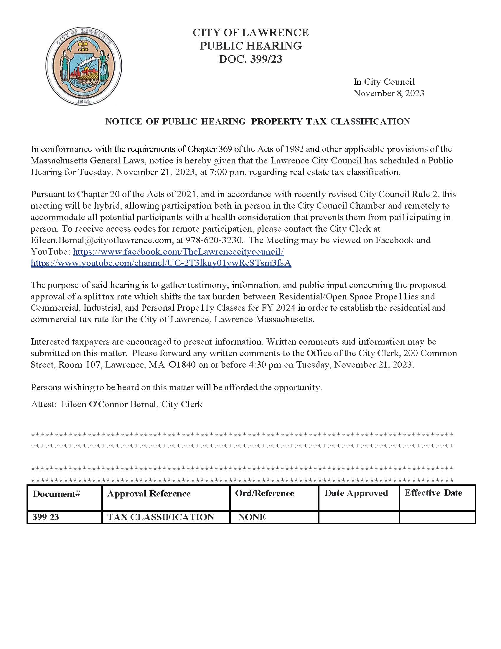 City Clerk_FY2024 TAX CLASSIFICATION PUBLIC HEARING NOTICE_LAWRENCE.docx